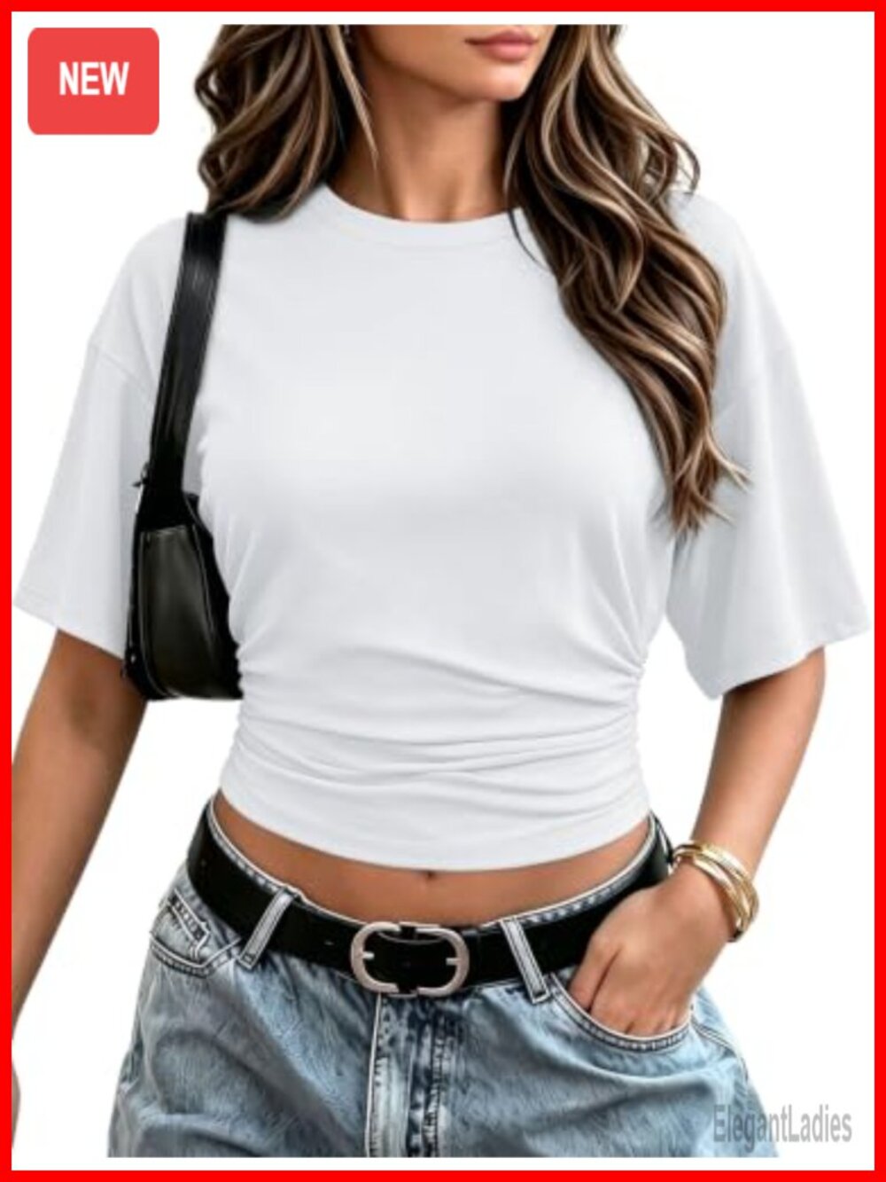Women's Crop Top Batwing Short Sleeve Ruched Waist Slim Fitted Tee Casual